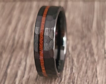 Black Wedding Band for Men, Black Tungsten Ring with Wood Inlay, Black Hammered Tungsten Ring for Men, 4MM, 6MM, 8MM, Wood Ring Band for Men