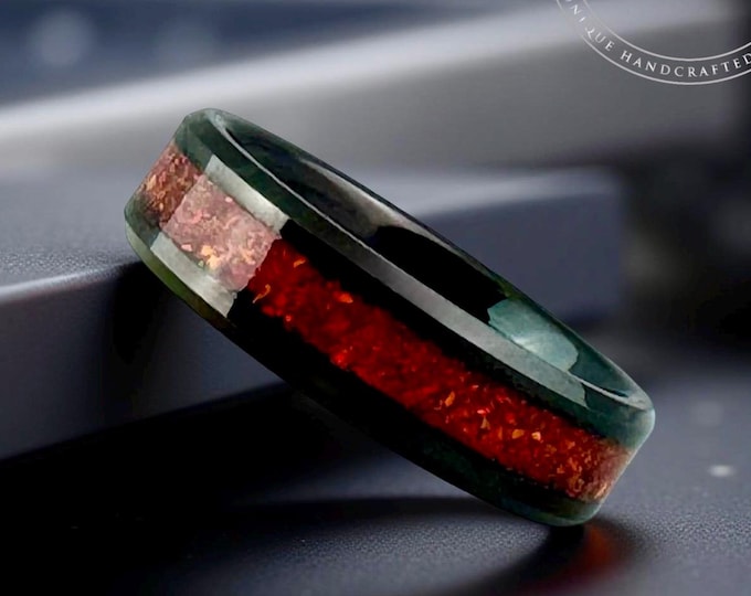 Black Tungsten Ring with Red Opal Inlay, 6mm Black Wedding Band Ring Men Women, Black Polished Finish Beveled Tungsten, Black Wedding Band