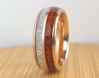 Rose Gold Meteorite and Wood Inlay Wedding Band for Men Women, Rose Gold and Wood Tungsten Ring, 4MM 6MM 8MM, Wood Ring, Meteorite Inlay