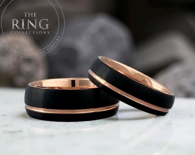 Black Tungsten Carbide Ring Wedding Band with Rose Gold Groove and Inside for Men or Women, Domed Matte Brushed Finish, Half Size Available