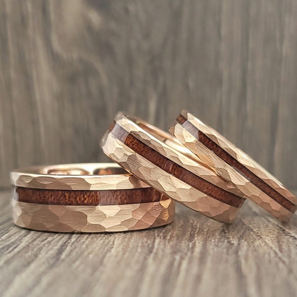 Rose Gold Hammered Wedding Band for Men Women, Tungsten Ring with Wood Inlay, 4MM, 6MM, 8MM, Tungsten Wedding Band Men Women, Wood Ring Band