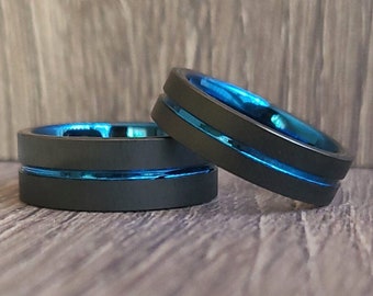 Black and Blue Tungsten Ring Wedding Band for Men Women, Black Tungsten Wedding Band, Black and Blue Ring, Birthday, Anniversary, Valentines
