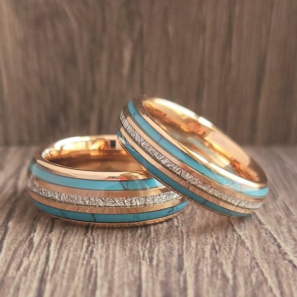 Rose Gold Tungsten Wedding Band Ring for Men Woman, Unique Double Turquoise and Meteorite Inlay, Anniversary, Engagement,8MM 6MM, Half Sizes