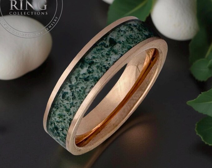 Moss Agate Rose Gold Tungsten Wedding Band - 6MM Comfort Fit