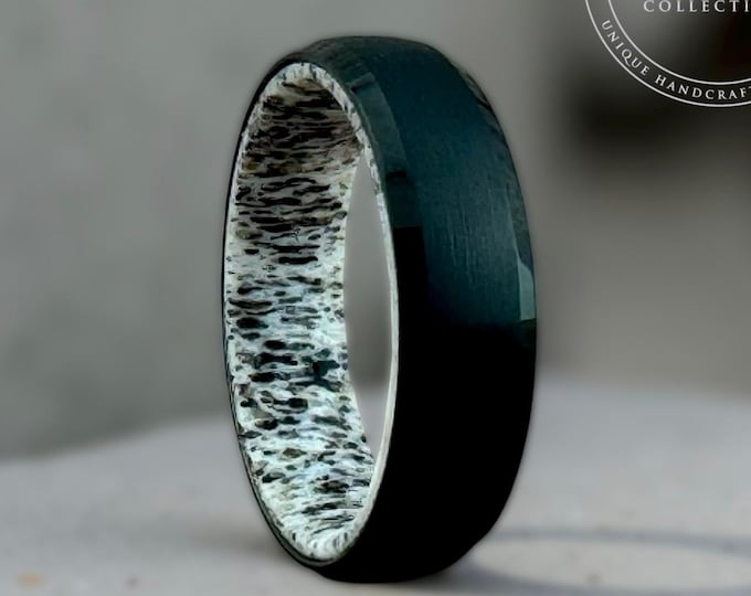 Men Women Black Wedding Ring Deer Antler Interior Design Tungsten Engagement Band 6mm 8mm