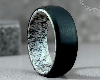 Black Tungsten Ring Deer Antler Inside Men Women Wedding Engagement Band Unique Matte Brushed Design