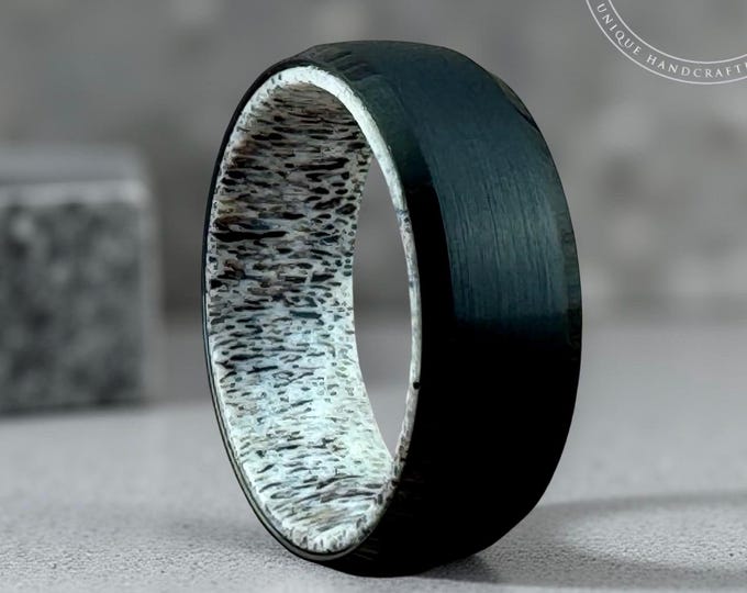 Black Tungsten Ring Wedding Band with Deer Antler Interior for Men and Women. Half Sizes available 4 to 15 in 6mm and 8mm.