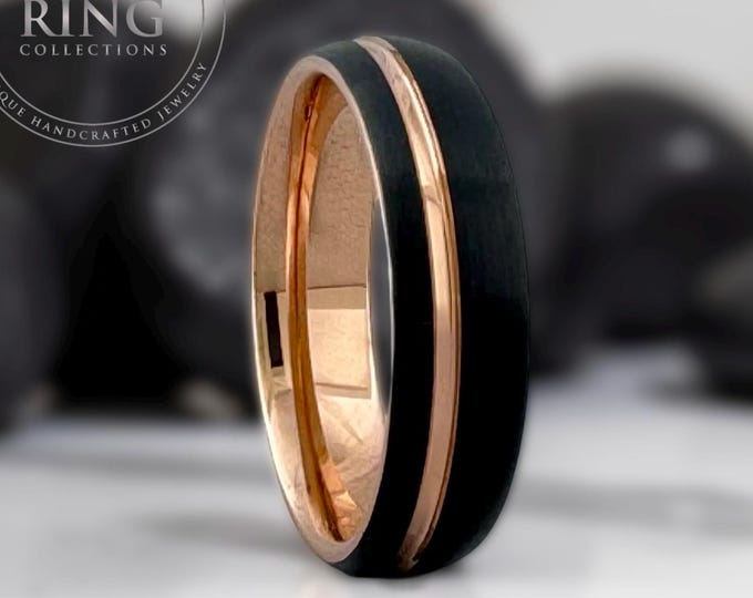 Black Tungsten Carbide Ring Wedding Band with Rose Gold Groove and Inside for Men or Women, Domed Matte Brushed Surface, Half Size Available