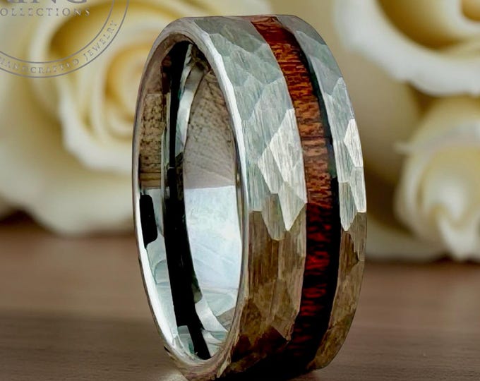 Silver Hammered Tungsten Ring with Wood Inlay for Men Women, Gray Silver Wedding Band, Silver Tungsten Ring with Koa Wood, Men Wedding Band
