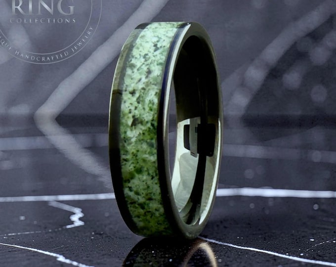 Black Tungsten Ring Green Moss Agate Inlay, Womens Wedding Band, Anniversary Ring, Mens Wedding Ring, Engagement Ring, 6mm Promise Ring