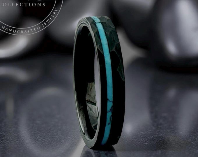 Black and Turquoise Hammered Tungsten Ring for Men Women, Black Obsidian Wedding Band, Black Obsidian Natural Turquoise Ring, 8mm 6mm 4mm
