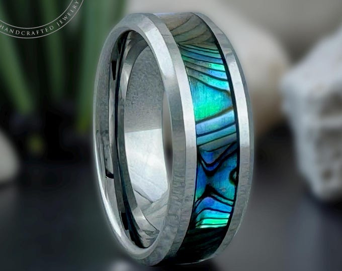 Abalone Ring Men Women Silver Wedding Band Tungsten Carbide Gray Polished Beveled Finish