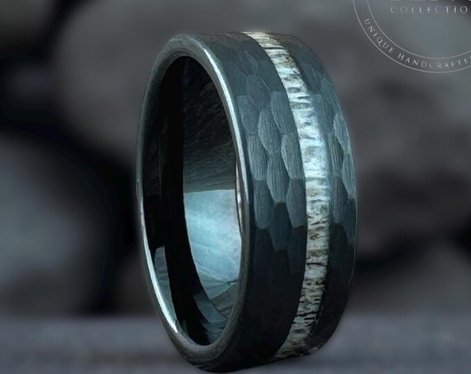 Black Ring Wedding Band for Men, Black Hammered Ring with Deer Antler Inlay, Black Tungsten Ring for Men Women, Black Deer Antler Ring Band