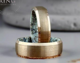 Black Tungsten Ring Wedding Band with Deer Antler Interior for Men and Women. Half Sizes available 4 to 15 in 6mm and 8mm.