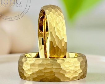 Gold Hammered Wedding Band, Brushed Finish Men Women Tungsten Ring