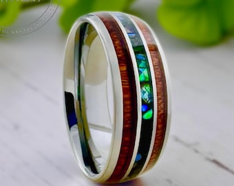 Men Koa Wood Abalone Tungsten Wedding Band - Gray Silver Inlay
