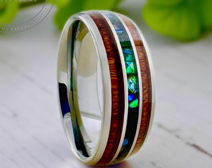 Men Koa Wood Abalone Tungsten Wedding Band - Gray Silver Inlay