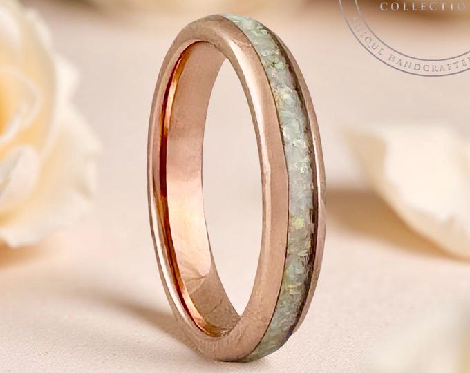 4mm Rose Gold Tungsten Carbide Ring Wedding Band with Crushed White Fire Opal for Woman Men, Unique Anniversary Ring Gift for Her Him