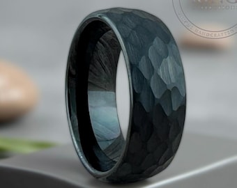 Black Hammered Tungsten Wedding Band, Unisex Obsidian Anniversary  Ring