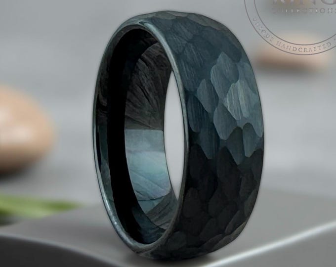 Black Hammered Wedding Band for Men Women Obsidian Tungsten Ring Black His Hers Anniversary Engagement Ring 8MM 6MM 4MM Half Sizes 4 to 15