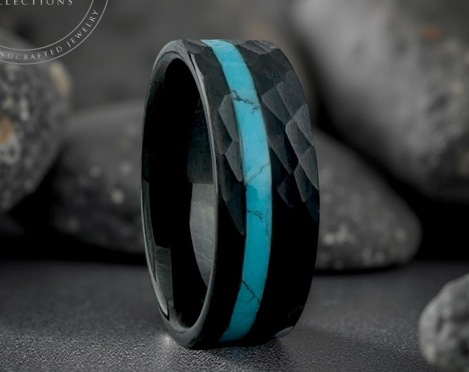 Hammered Black Tungsten Ring: Men Women Turquoise Inlay Wedding Band