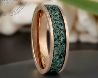 Ring mosagaat, 6 mm groene mosagaat trouwring, roségouden trouwring mannen, trouwring paren, cadeau voor hem haar, unieke trouwring