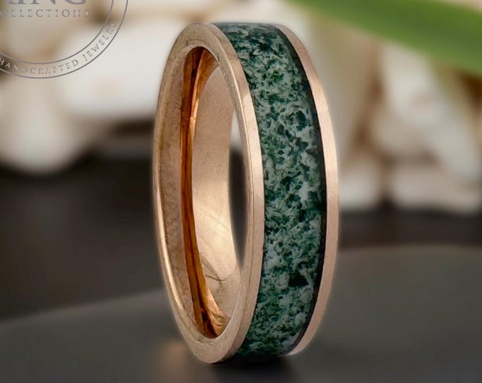 Moss Agate Ring, 6MM Green Moss Agate Wedding Band, Rose Gold Wedding Band Men, Couples Wedding Band, Gift for Him Her, Unique Wedding Band
