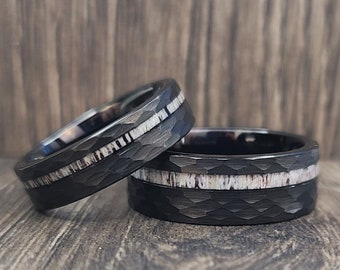 Black Tungsten Hammered Ring, 6MM, 8MM, Wedding Band, Black Hammered Ring for Men, Deer Antler Tungsten Ring, Comfort Fit, Wedding Band Men