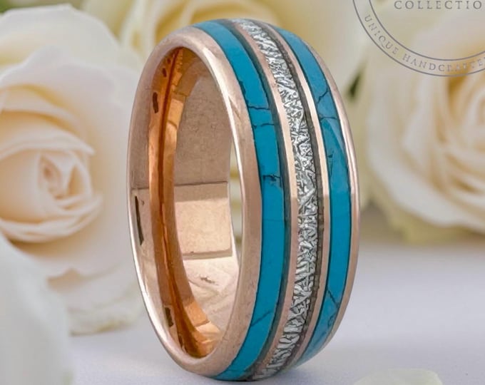Rose Gold Turquoise and Meteorite Tungsten Ring Wedding Band for Men Woman. 8mm and/or 6mm in Sizes 5 to 15, half sizes available