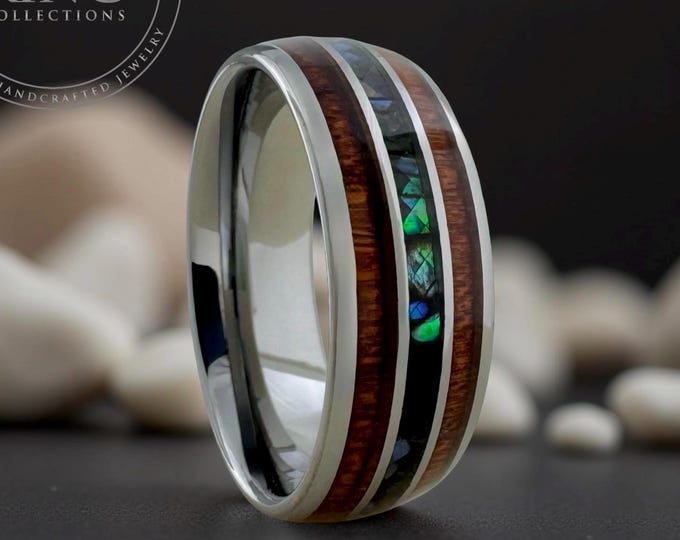 Gray Silver Tungsten Wedding Band Triple Inlay Wood and Abalone Men Woman Engagement Ring 8mm 6mm