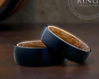 Whiskey Barrel Wood Inlay Tungsten Wedding Band - Black Brushed Domed Mens Ring