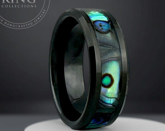 Men Women Black Wedding Band Mother of Pearl Inlay Tungsten Carbide Abalone Wedding Ring 8mm 6mm Beveled Design Comfort Fit Band