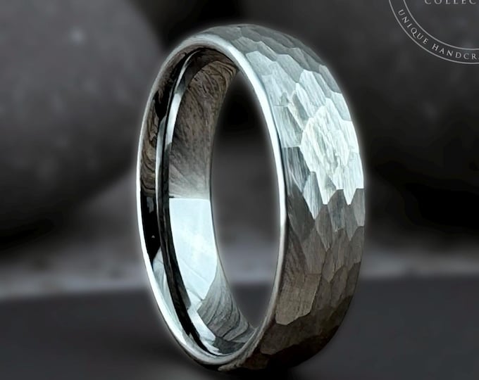 Hammered Wedding Band Men Women Gray Tungsten Ring Silver Wedding Anniversary Ring Brushed Finish 4MM 6MM 8MM Proposal Silvery Ring