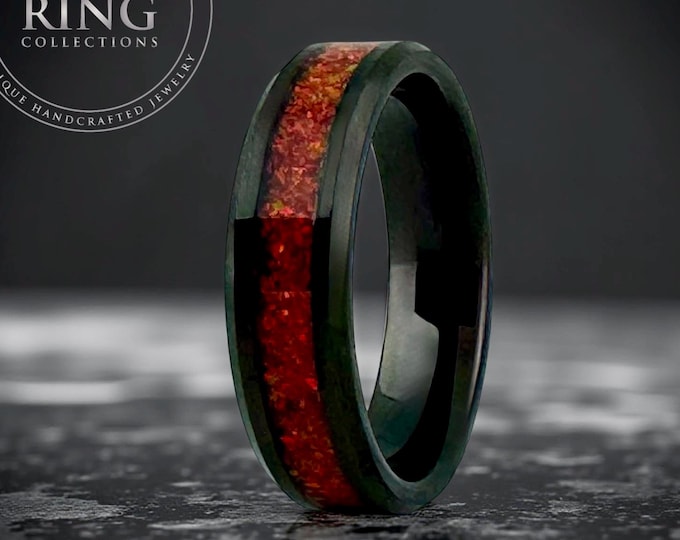 Black Tungsten Ring, Red Opal Inlay, Beveled Edge, 6MM Wedding Band