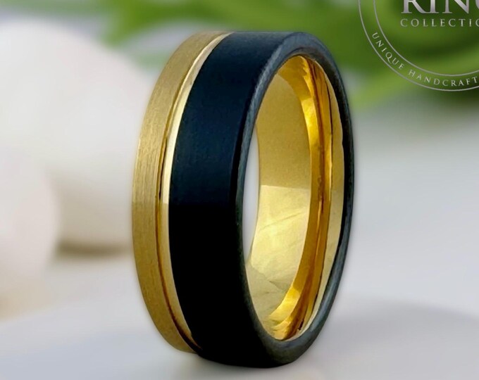 Black and Gold Tungsten Ring Wedding Band for Men Women, Black Obsidian Gold Ring Band, Gold Ring Wedding Band, Proposal Ring, Anniversary