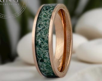 Moss Agate Rose Gold Tungsten Ring Wedding Band for Men Women, 6MM Green Moss Agate Band, Rose Gold Wedding Band Men, Couples Wedding Band