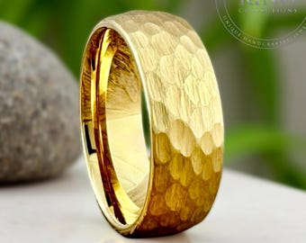 Mens Gold Tungsten Hammered Wedding Band : Brushed Comfort Fit Ring