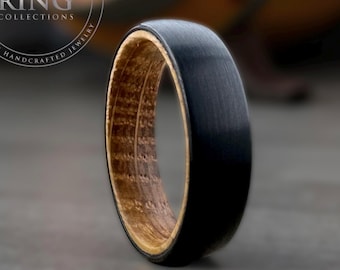 Men Black Tungsten Wedding Band: Whiskey Barrel Wood Inlay, Domed Comfort Fit
