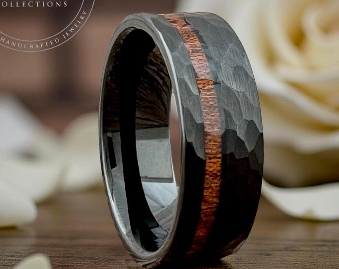 Black Hammered Tungsten Carbide Ring Wedding Band with Koa Wood for Men Women, Available in 4mm 6mm 8mm