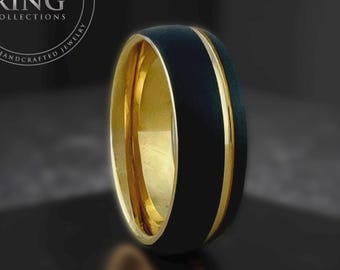 Black Tungsten Ring, Yellow Gold Groove, Brushed Finish Wedding Band
