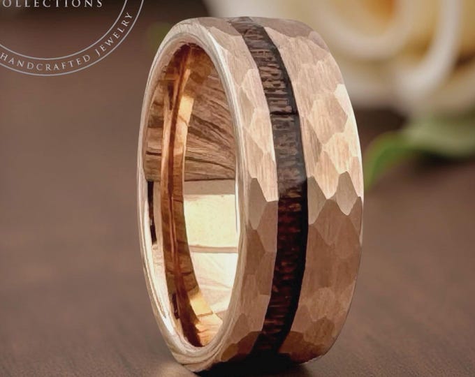 Rose Gold Hammered Wedding Band for Men Women, Tungsten Ring with Wood Inlay, 4MM, 6MM, 8MM, Tungsten Wedding Band Men Women, Wood Ring Band