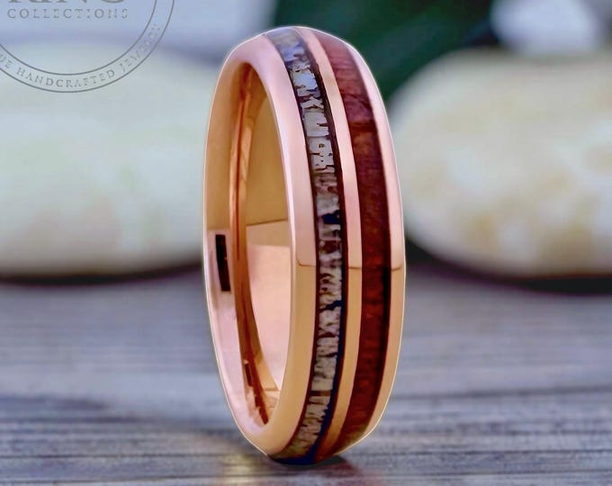 Rose Gold Tungsten Ring Wedding Band with Deer Antler and Koa Wood for Men and Women. Half Sizes available 4 to 15 in 4mm 6mm 8mm.