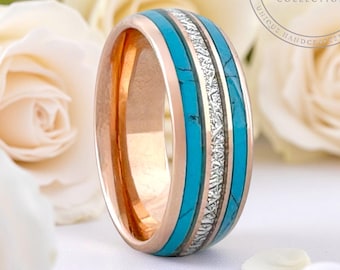 Rose Gold Turquoise and Meteorite Tungsten Ring Wedding Band for Men Woman. 8mm and/or 6mm in Sizes 5 to 15, half sizes available