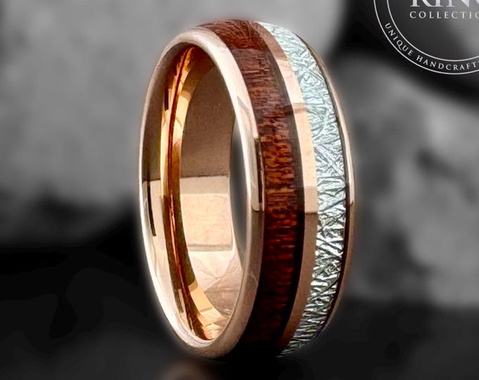Rose Gold Tungsten Wedding Band: Koa Wood and Meteorite Inlay
