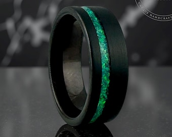 Men Black Tungsten Ring, Green Crushed Opal Inlay, Brushed Wedding Band