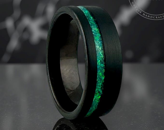 Men Black Tungsten Ring, Green Crushed Opal Inlay, Brushed Wedding Band