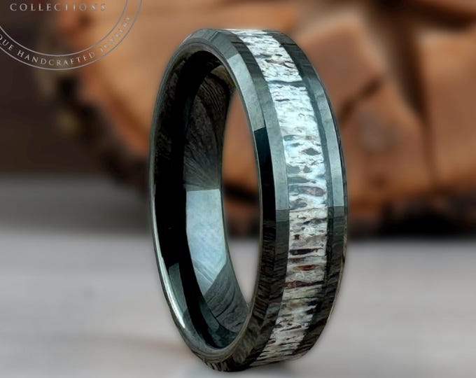 Black Tungsten Ring Deer Antler Inly Men Women Wedding Band Beveled Edge Elk Antler Ring Hunters Wedding Band 8mm 6mm 4mm Width