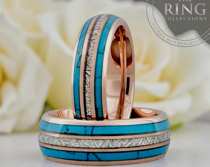 Rose Gold Turquoise and Meteorite Tungsten Ring Wedding Band for Men Woman. 8mm and/or 6mm in Sizes 5 to 15, half sizes available