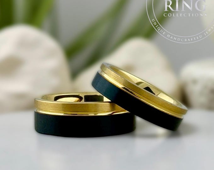 Gold and Black Ring Set Men Women Tungsten Ring Two-Tone Wedding Bands Available in 8MM 6MM 4MM Width Elegant Engagement Ring Set Option