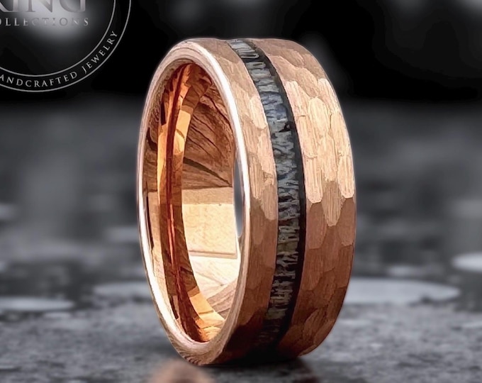 Hammered Rose Gold Wedding Band with Deer Antler Inlay Men Women Tungsten Ring
